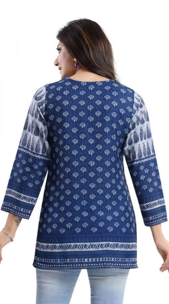 Mayawye Women's Quarter Sleeve Faux Crepe Printed Short Kurti Tunic Top (Color:Blue)