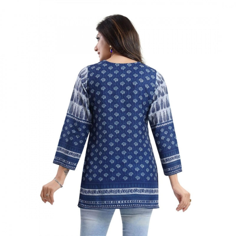 Mayawye Women's Quarter Sleeve Faux Crepe Printed Short Kurti Tunic Top (Color:Blue)