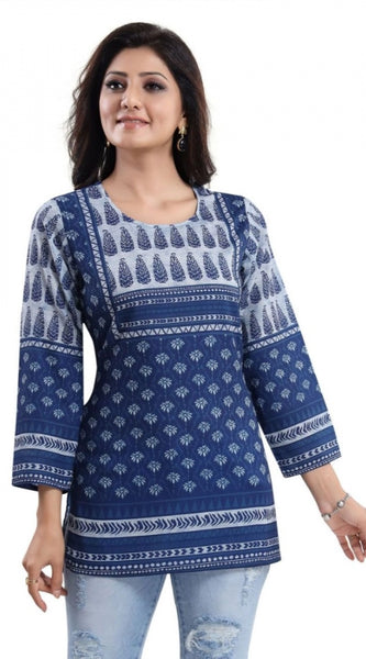 Mayawye Women's Quarter Sleeve Faux Crepe Printed Short Kurti Tunic Top (Color:Blue)