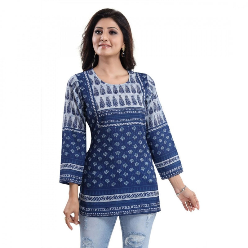 Mayawye Women's Quarter Sleeve Faux Crepe Printed Short Kurti Tunic Top (Color:Blue)
