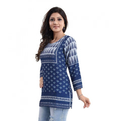 Mayawye Women's Quarter Sleeve Faux Crepe Printed Short Kurti Tunic Top (Color:Blue)