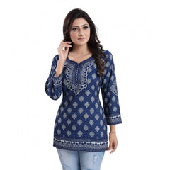 Mayawye Women's Quarter Sleeve Faux Crepe Printed Short Kurti Tunic Top (Color:Blue)