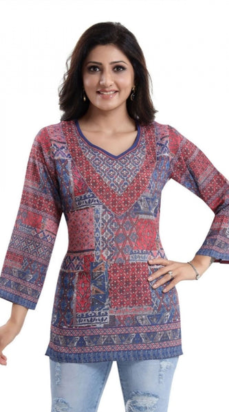 Mayawye Women's Quarter Sleeve Faux Crepe Printed Short Kurti Tunic Top (Color:Multicolor)