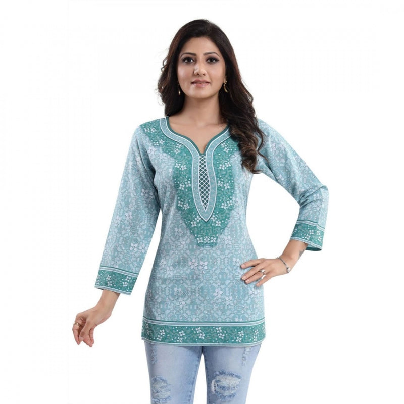 Mayawye Women's Quarter Sleeve Faux Crepe Printed Short Kurti Tunic Top (Color:Blue)