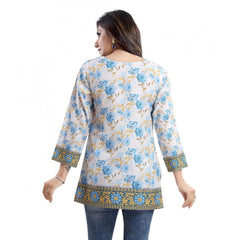 Mayawye Women's Quarter Sleeve Faux Crepe Printed Short Kurti Tunic Top (Color:White)