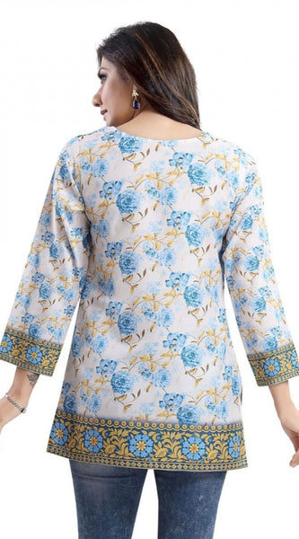 Mayawye Women's Quarter Sleeve Faux Crepe Printed Short Kurti Tunic Top (Color:White)
