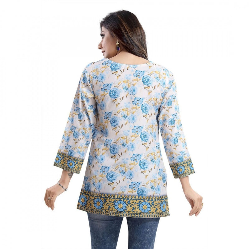 Mayawye Women's Quarter Sleeve Faux Crepe Printed Short Kurti Tunic Top (Color:White)