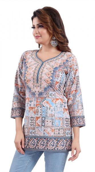 Mayawye Women's Quarter Sleeve Faux Crepe Printed Short Kurti Tunic Top (Color:Blue)