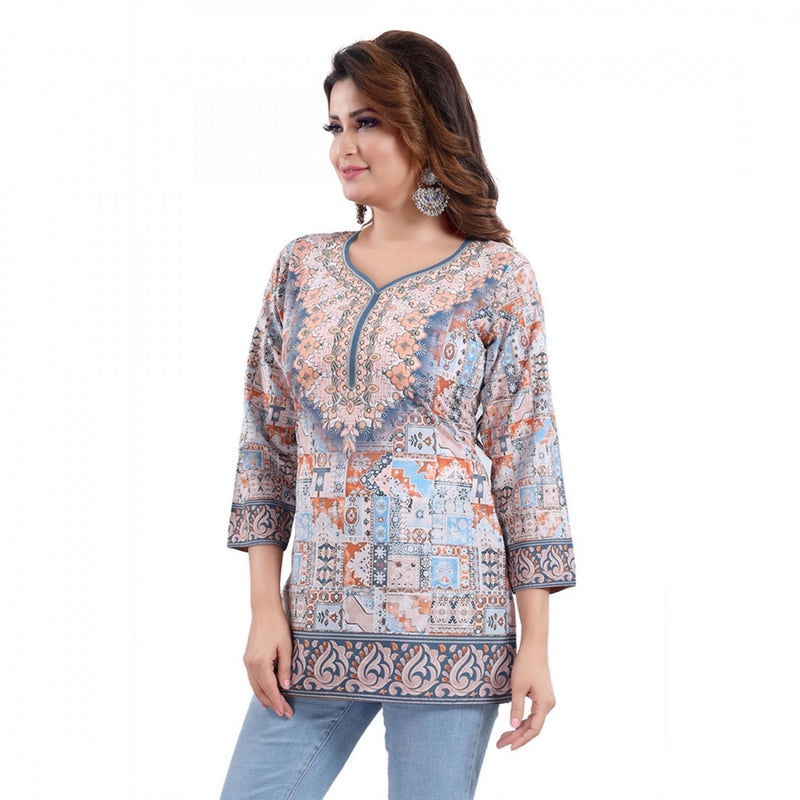 Mayawye Women's Quarter Sleeve Faux Crepe Printed Short Kurti Tunic Top (Color:Blue)