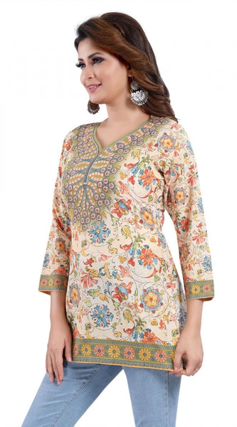 Mayawye Women's Quarter Sleeve Faux Crepe Printed Short Kurti Tunic Top (Color:Multicolor)