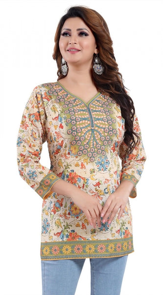Mayawye Women's Quarter Sleeve Faux Crepe Printed Short Kurti Tunic Top (Color:Multicolor)