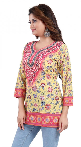 Mayawye Women's Quarter Sleeve Faux Crepe Printed Short Kurti Tunic Top (Color:Yellow)