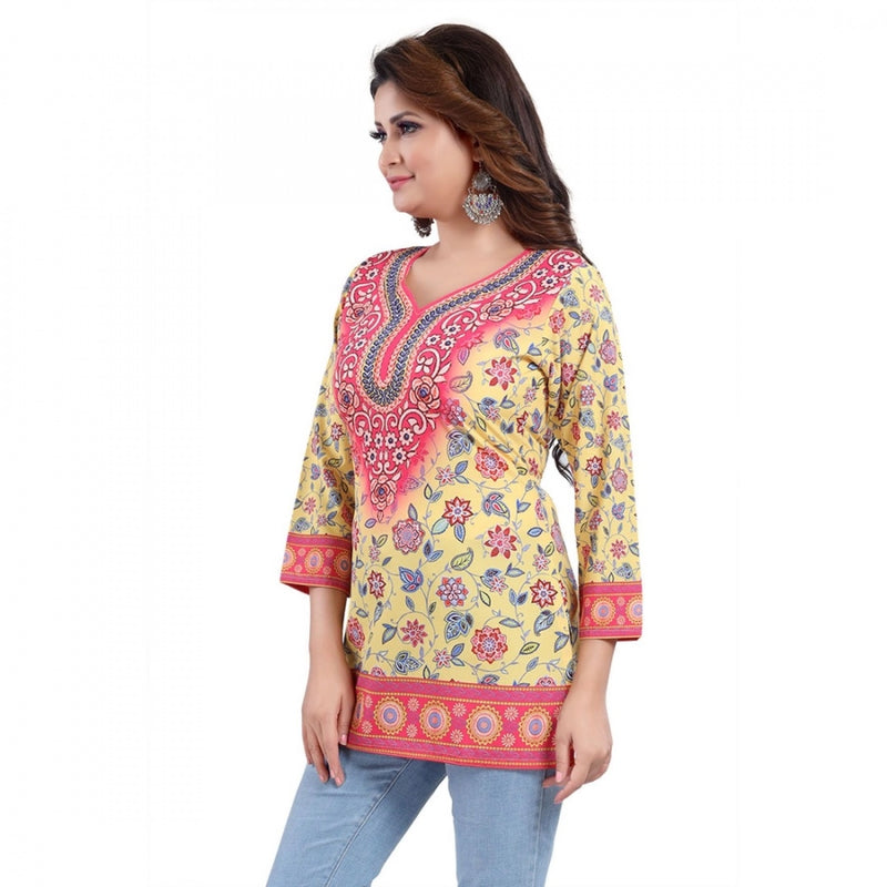 Mayawye Women's Quarter Sleeve Faux Crepe Printed Short Kurti Tunic Top (Color:Yellow)