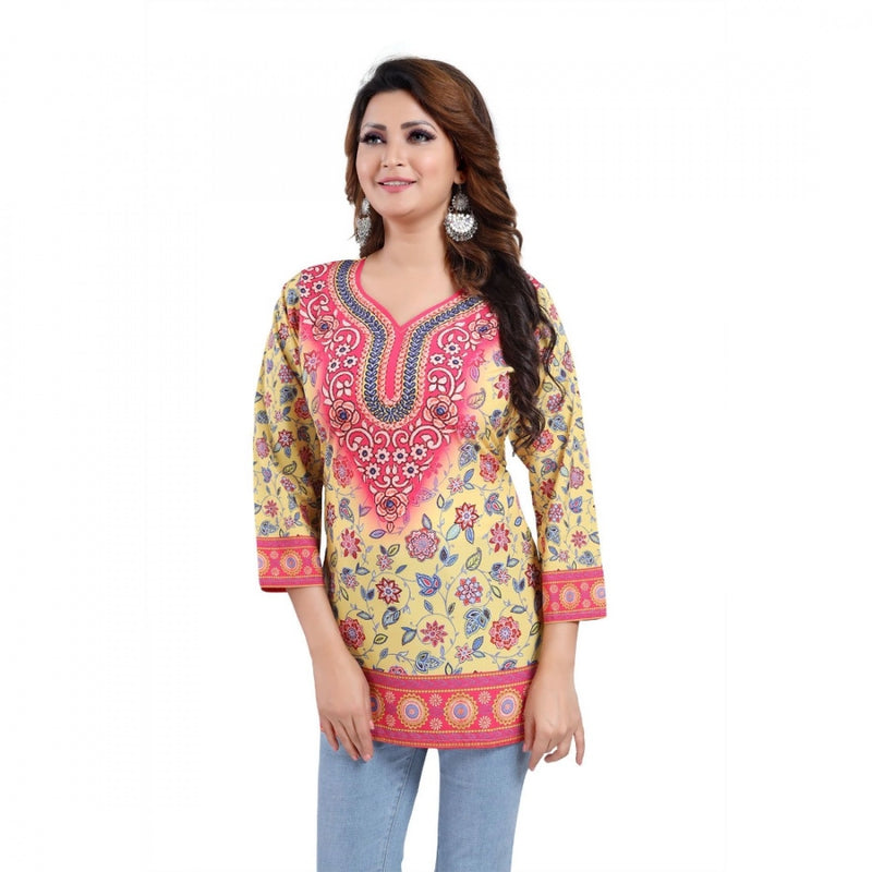 Mayawye Women's Quarter Sleeve Faux Crepe Printed Short Kurti Tunic Top (Color:Yellow)