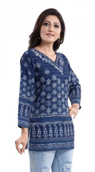 Mayawye Women's Quarter Sleeve Faux Crepe Printed Short Kurti Tunic Top (Color:Blue)