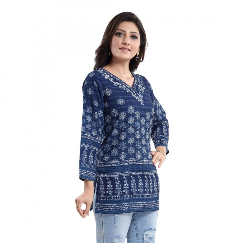 Mayawye Women's Quarter Sleeve Faux Crepe Printed Short Kurti Tunic Top (Color:Blue)