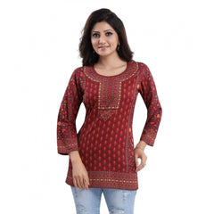 Mayawye Women's Quarter Sleeve Faux Crepe Printed Short Kurti Tunic Top (Color:Red)