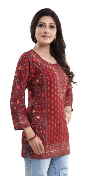 Mayawye Women's Quarter Sleeve Faux Crepe Printed Short Kurti Tunic Top (Color:Red)