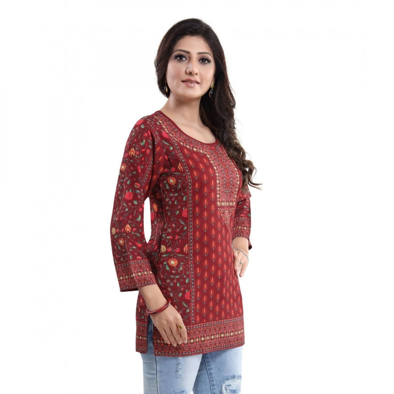 Mayawye Women's Quarter Sleeve Faux Crepe Printed Short Kurti Tunic Top (Color:Red)