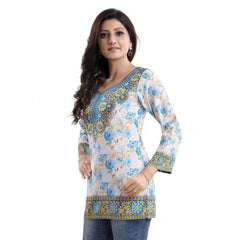 Mayawye Women's Quarter Sleeve Faux Crepe Printed Short Kurti Tunic Top (Color:White)