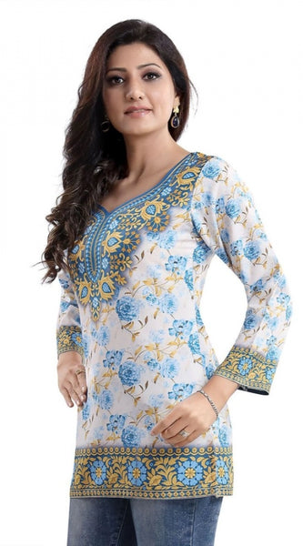Mayawye Women's Quarter Sleeve Faux Crepe Printed Short Kurti Tunic Top (Color:White)