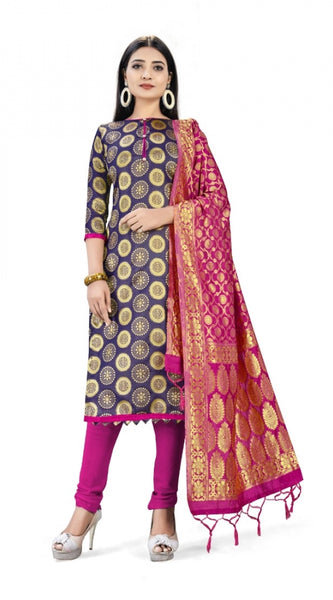 Mayawye Banarasi Silk Unstitched Salwar-Suit Material Premium Quality With Dupatta (Color: Navy Blue)