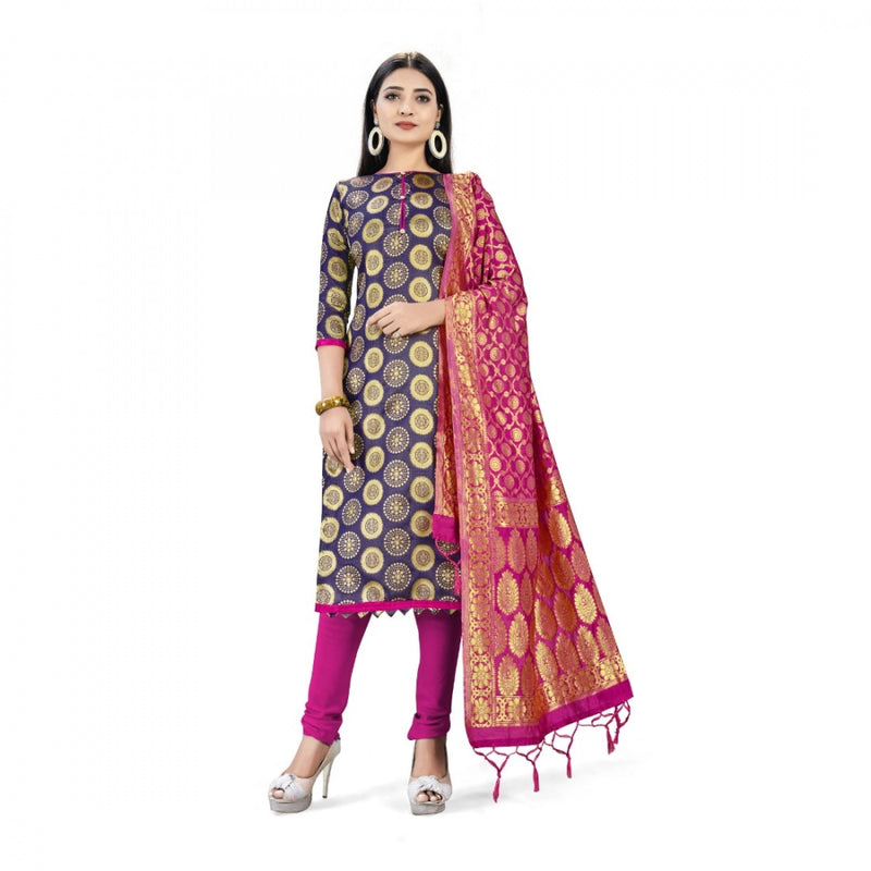 Mayawye Banarasi Silk Unstitched Salwar-Suit Material Premium Quality With Dupatta (Color: Navy Blue)