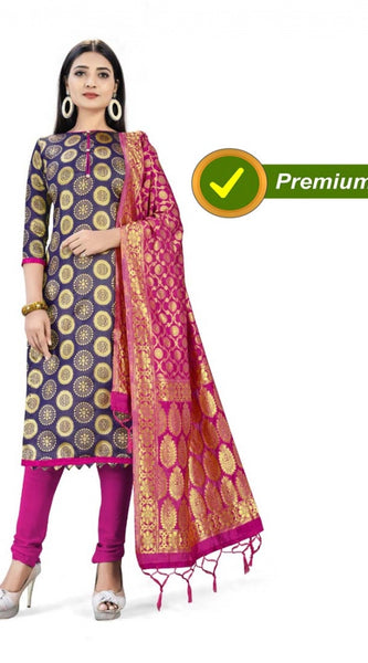 Mayawye Banarasi Silk Unstitched Salwar-Suit Material Premium Quality With Dupatta (Color: Navy Blue)