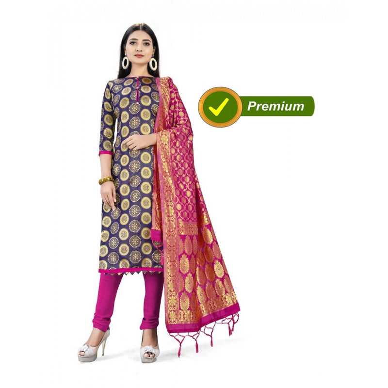 Mayawye Banarasi Silk Unstitched Salwar-Suit Material Premium Quality With Dupatta (Color: Navy Blue)