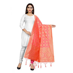 Mayawye Women's Banarasi Silk Floral Printed Dupatta (Peach, Length:2-2.4 mtr)