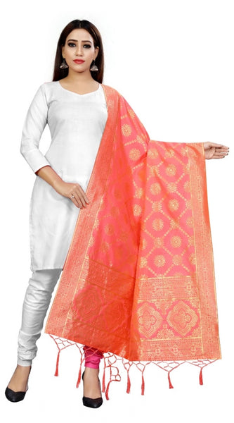 Mayawye Women's Banarasi Silk Floral Printed Dupatta (Peach, Length:2-2.4 mtr)