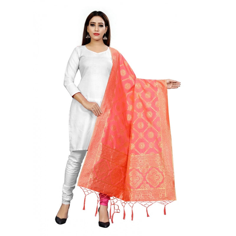 Mayawye Women's Banarasi Silk Floral Printed Dupatta (Peach, Length:2-2.4 mtr)