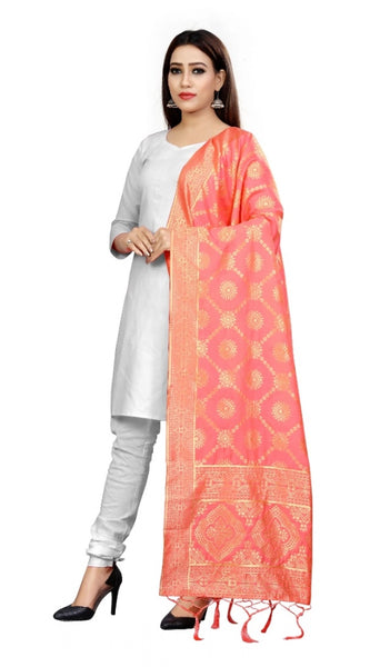 Mayawye Women's Banarasi Silk Floral Printed Dupatta (Peach, Length:2-2.4 mtr)