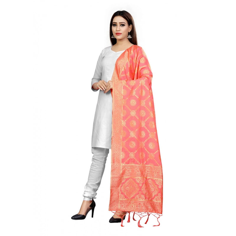 Mayawye Women's Banarasi Silk Floral Printed Dupatta (Peach, Length:2-2.4 mtr)
