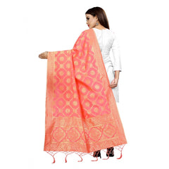 Mayawye Women's Banarasi Silk Floral Printed Dupatta (Peach, Length:2-2.4 mtr)