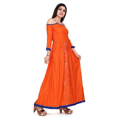 Mayawye Women's Rayon Cotton Orange Embroidered Long Kurti