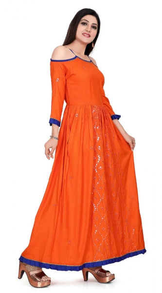Mayawye Women's Rayon Cotton Orange Embroidered Long Kurti