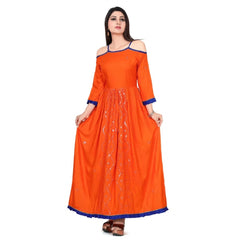 Mayawye Women's Rayon Cotton Orange Embroidered Long Kurti
