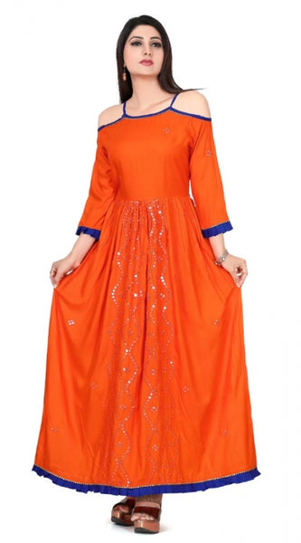 Mayawye Women's Rayon Cotton Orange Embroidered Long Kurti