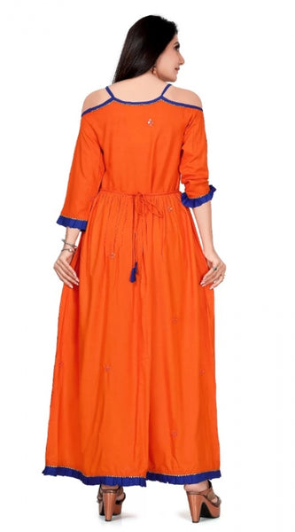 Mayawye Women's Rayon Cotton Orange Embroidered Long Kurti