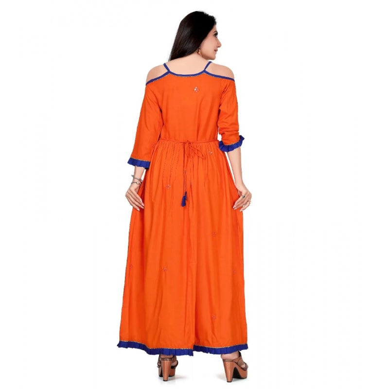 Mayawye Women's Rayon Cotton Orange Embroidered Long Kurti