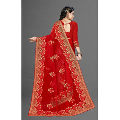Mayawye Women's Net Saree With Blouse (Red, 5-6Mtrs)