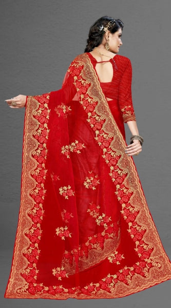 Mayawye Women's Net Saree With Blouse (Red, 5-6Mtrs)