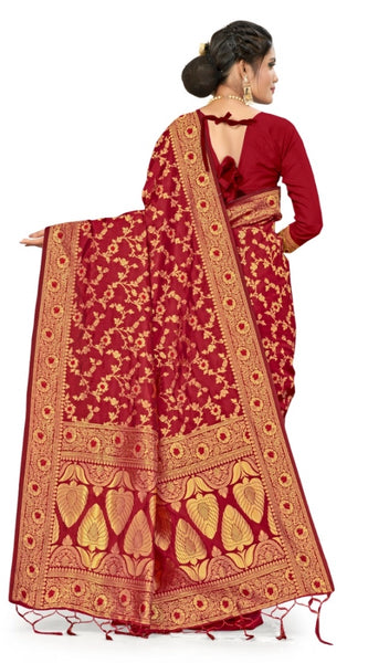 Mayawye Women's Banarasi Silk Saree With Blouse (Maroon, 5-6Mtrs)
