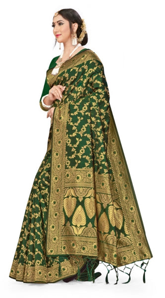 Mayawye Women's Banarasi Silk Saree With Blouse (Green, 5-6Mtrs)