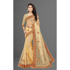 Mayawye Women's Net Saree With Blouse (Chiku, 5-6Mtrs)