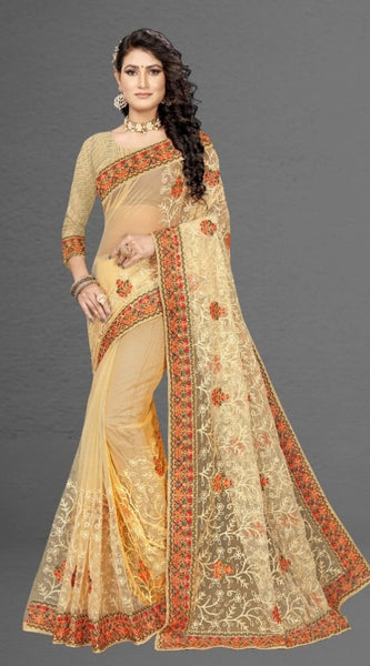 Mayawye Women's Net Saree With Blouse (Chiku, 5-6Mtrs)