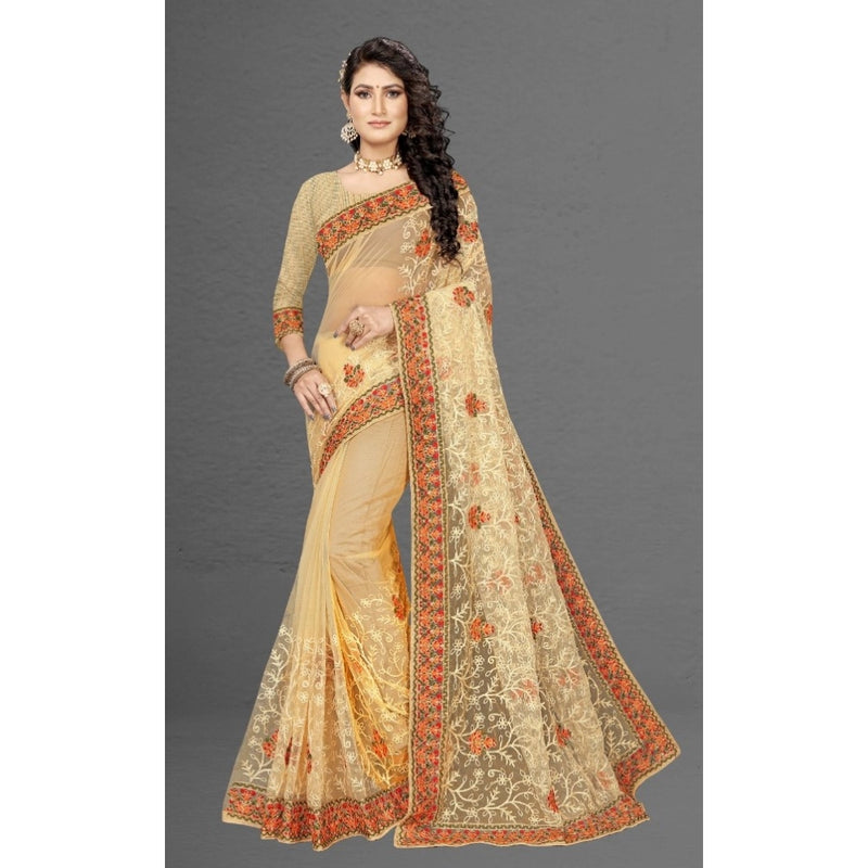 Mayawye Women's Net Saree With Blouse (Chiku, 5-6Mtrs)