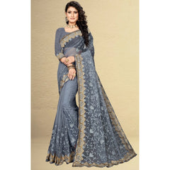 Mayawye Women's Net Saree With Blouse (Grey, 5-6Mtrs)