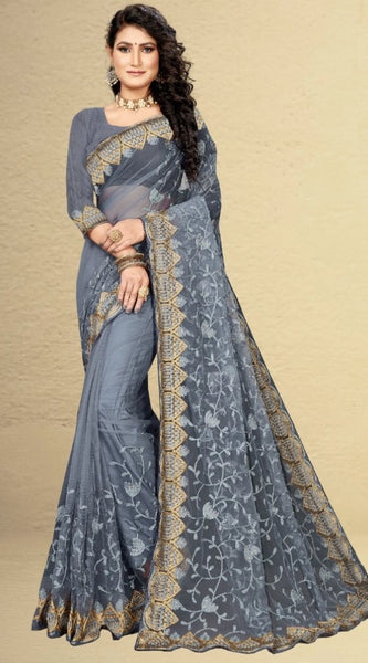 Mayawye Women's Net Saree With Blouse (Grey, 5-6Mtrs)